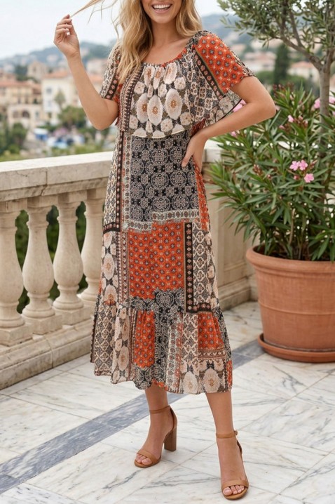 Elegantna midi haljina sa spuštenim ramenima i boho printom MAZMENA RED, Boja: višebojna, IVET.RS - Nova Kolekcija