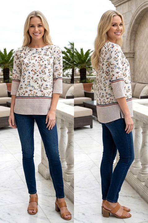 Elegantna ženska bluza sa 3/4 rukavima i cvetnim dezenom ZORTENA WHITE, Boja: bela, IVET.RS - Nova Kolekcija