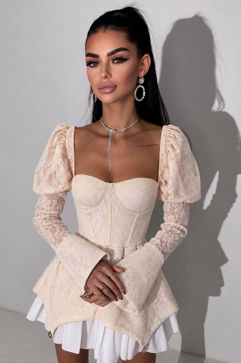 Mini haljina sa korset efektom i puf rukavima GESIELA BEIGE, Boja: bež, IVET.RS - Nova Kolekcija