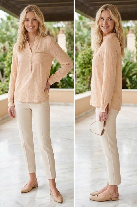 Elegantna ženska bluza sa dugim rukavima i dekorativnim dezenom BELANISIA BEIGE, Boja: bež, IVET.RS - Nova Kolekcija