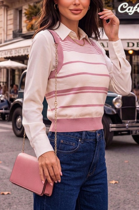 Ženski pleteni top na pruge sa širokim porubom PANESIA PINK, Boja: roze, IVET.RS - Nova Kolekcija