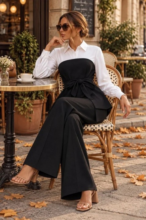 Ženski komplet od dva dela sa asimetričnom tunikom-košuljom sa kaišem i pantalonama sa širokim nogavicama KOLFINA BLACK, Boja: crna, IVET.RS - Nova Kolekcija