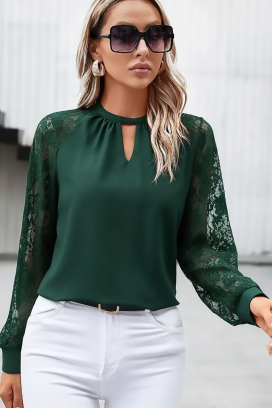 elegantna ženska bluza sa čipkanim rukavima i visokom kragnom BRENDOLZA GREEN