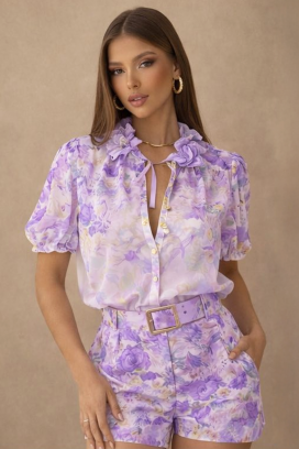 ženski prozračni cvetni komplet sa bluzom i šortsem JULIENA LILA