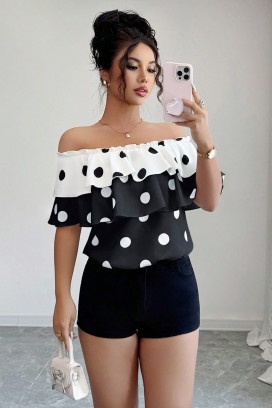 lagana bluza sa spuštenim ramenima i voluminoznim volančićima ZUZIA BLACK