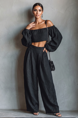 laneni komplet top sa spuštenim ramenima i široke pantalone JEZABEL BLACK