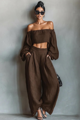 laneni komplet top sa spuštenim ramenima i široke pantalone JEZABEL BROWN