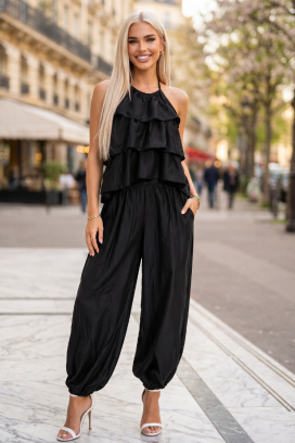 ležerni ženski komplet lagani top sa volančićima i široke pantalone SELERA BLACK