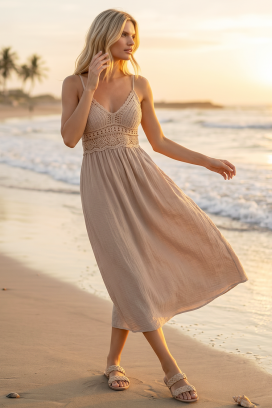 letnja midi haljina u boho stilu sa pletenim korsetom SOLANIA BEIGE
