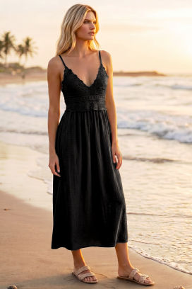 letnja midi haljina u boho stilu sa pletenim korsetom SOLANIA BLACK
