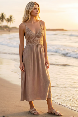 letnja midi haljina u boho stilu sa pletenim korsetom SOLANIA BEIGE