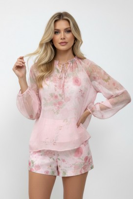 ženski komplet bluza i šorts sa nežnim cvetnim printom LORIAVA PINK