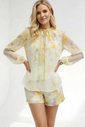 ženski komplet bluza i šorts sa nežnim cvetnim printom LORIAVA YELLOW