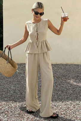 ležeran ženski komplet široke pantalone i top NOVENTA BEIGE