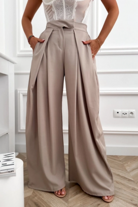 elegantne ženske pantalone sa visokim strukom i širokim nogavicama JOLYNE BEIGE