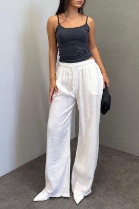lagane široke ženske pantalone sa elastičnim strukom LARENTIA WHITE