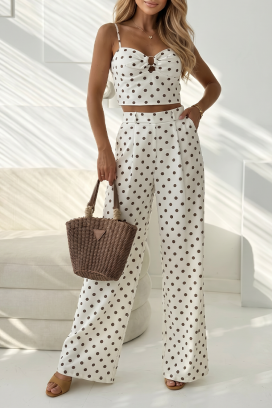 elegantni ženski komplet sa tufnama, top i široke pantalone CREMITA ECRU