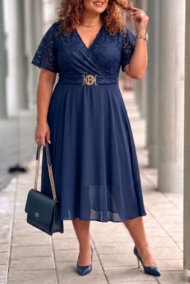 elegantna midi haljina sa čipkom i ukrasnim kaišem ZEZITA NAVY