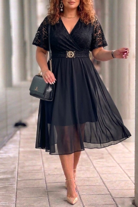 elegantna midi haljina sa čipkom i ukrasnim kaišem ZEZITA BLACK