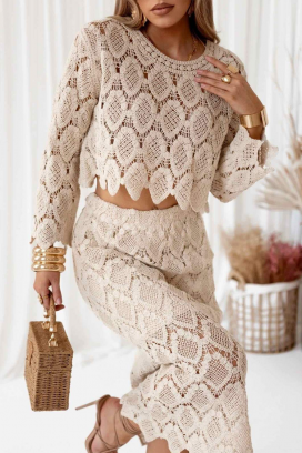 ženski pamučni komplet u boho stilu čipkasti gornji deo i suknja PERESITA BEIGE