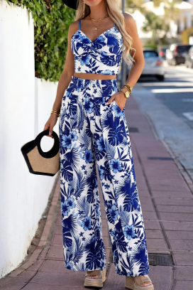 ženski komplet gornji deo i široke pantalone sa tropskim dezenom AMULIANA BLUE