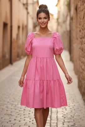 slatka midi haljina sa kvadratnim dekolteom i voluminoznim rukavima SELENASA PINK