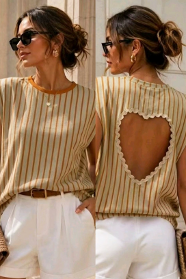 prugasta ženska bluza sa izrezom u obliku srca na leđima DAZLINDA BEIGE