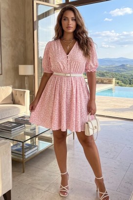 ležerna mini haljina sa cvetnim printom i kratkim rukavima DERENSA PINK