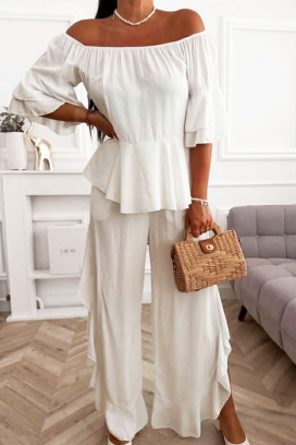 ležerni ženski komplet bluza sa spuštenim ramenima i široke pantalone sa volanima VALIRENA WHITE