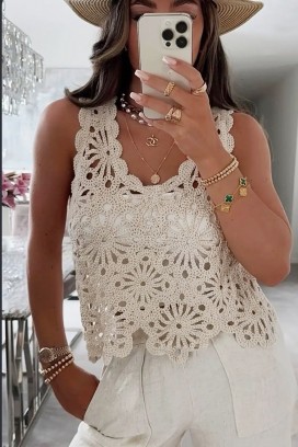 pleteni ženski top sa cvetnim detaljima u retro stilu JELIRA BEIGE