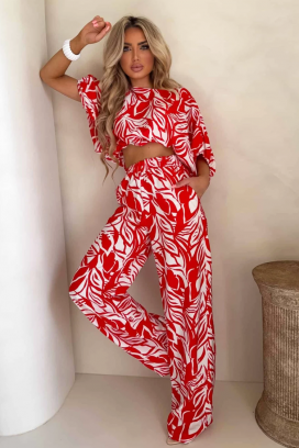 ženski komplet kratki top i široke pantalone sa cvetnim dezenom EMELIANA RED