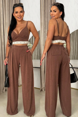 ženski komplet od tri dela - top, široke pantalone i kimono SERIZENA BROWN
