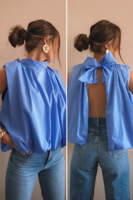 elegantni ženski top sa otvorenim leđima i mašnom NERINITA BLUE