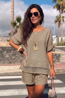 široka ženska bluza sa mrežastim detaljem i ogrlicom PENELOPIA MOCHA