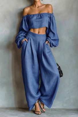 ženski laneni komplet top sa spuštenim ramenima i široke pantalone JEZABEL BLUE