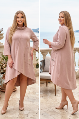 asimetrična tunika-haljina sa visokim okovratnikom i 3/4 rukavima DEBRINA BEIGE