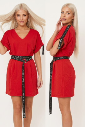 kratka sportsko-elegantna haljina sa V-izrezom i dekorativnim trakama VARELINA RED