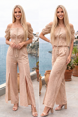 ženski letnji komplet top sa otkrivenim ramenima i pantalone sa prorezima BIANORA BEIGE