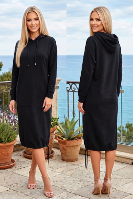 sportsko-elegantna midi haljina sa kapuljačom, džepom i lastiš porubom LIVARINA BLACK