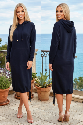 sportsko-elegantna midi haljina sa kapuljačom, džepom i lastiš porubom LIVARINA NAVY
