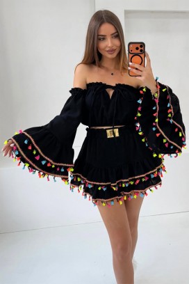 ženski boho komplet sa kratkim topom sa efektnim rukavima i mini suknjom sa resama FIESTIA BLACK
