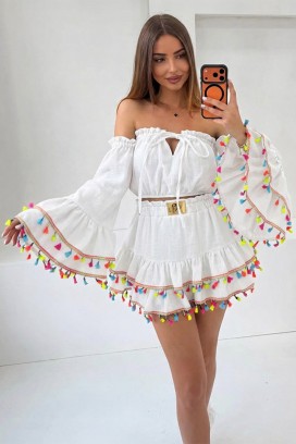 ženski boho komplet sa kratkim topom sa upečatljivim rukavima i mini suknjom sa resama FIESTIA WHITE