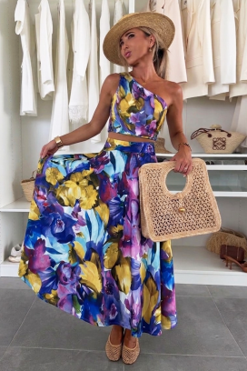 ženski cvetni komplet na jedno rame sa elegantnom suknjom LENORE BLUE