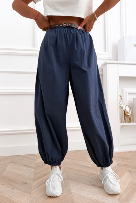 ženske pamučne pantalone opuštenog kroja sa elastičnim ranflama CHEROSIA NAVY