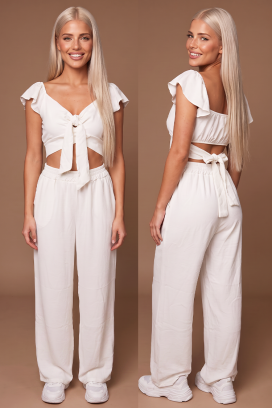 letnji ženski set od dva dela široke pantalone i crop top sa vezivanjem SVENSELA WHITE