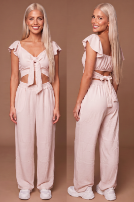letnji ženski set od dva dela široke pantalone i crop top sa vezivanjem SVENSELA PUDRA