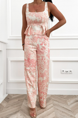ženski komplet od peplum topa i širokih pantalona sa cvetnim printom ELOSIANA PINK