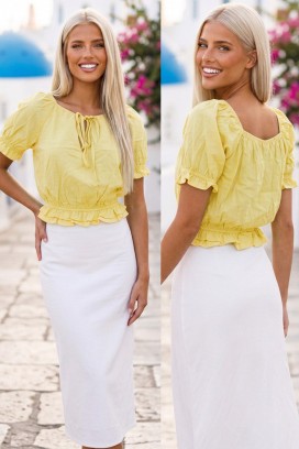 ženska kratka bluza sa vezivanjem i puf rukavima ELVIRANA YELLOW