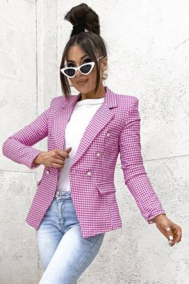 elegantni strukirani ženski sako sa finim kariranim dezenom i klasičnim reverima BELAVENZA PINK
