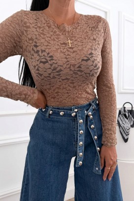 Ženska bluza od čipke sa dugim rukavima i cvetnim printom VARINIA MOCHA